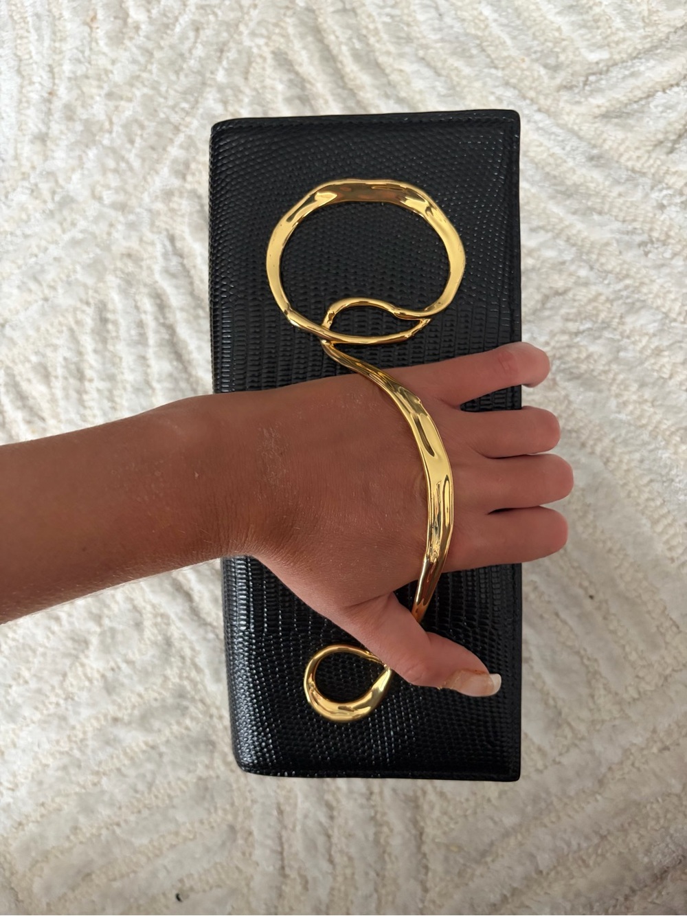 NWT Alexis Bittar Clutch | Black Lizard-Embossed Purse with Gold Metal Twist - Picture 14 of 17